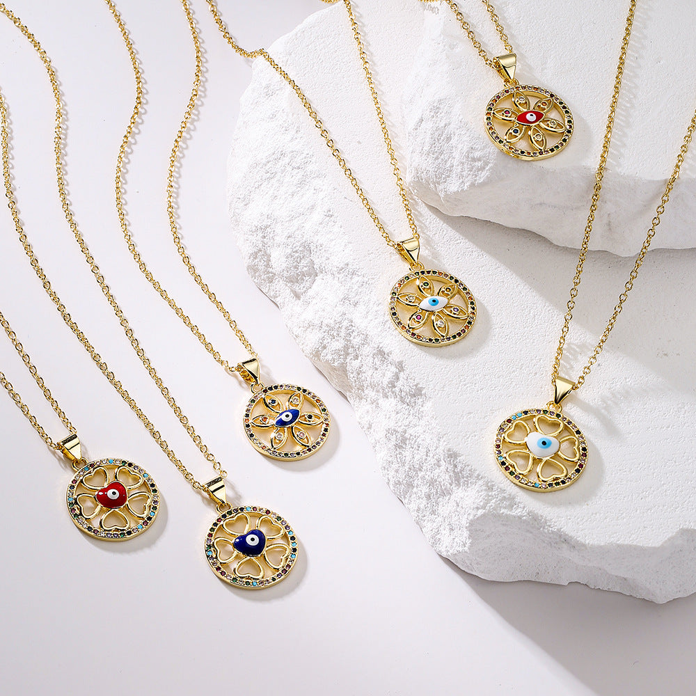Bohemian Style Geometric Evil Eye Pendant Necklace in Copper with 18K Gold Plating and Enamel Finish, Set with Zircon