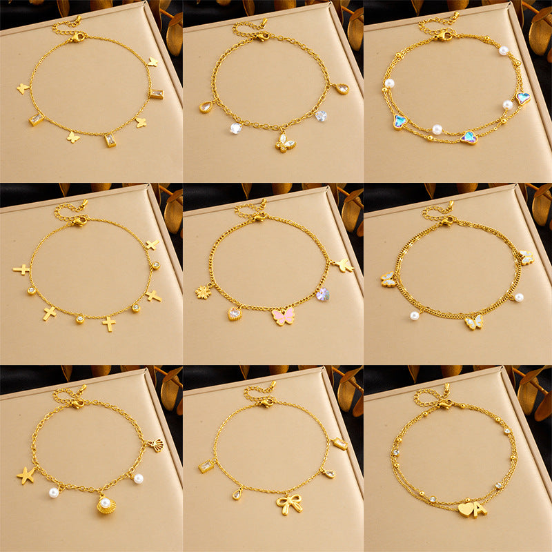 Minimalist Colorful Geometric Glass Rhinestone Butterfly Heart Stainless Steel Anklet