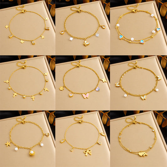 Minimalist Colorful Geometric Glass Rhinestone Butterfly Heart Stainless Steel Anklet