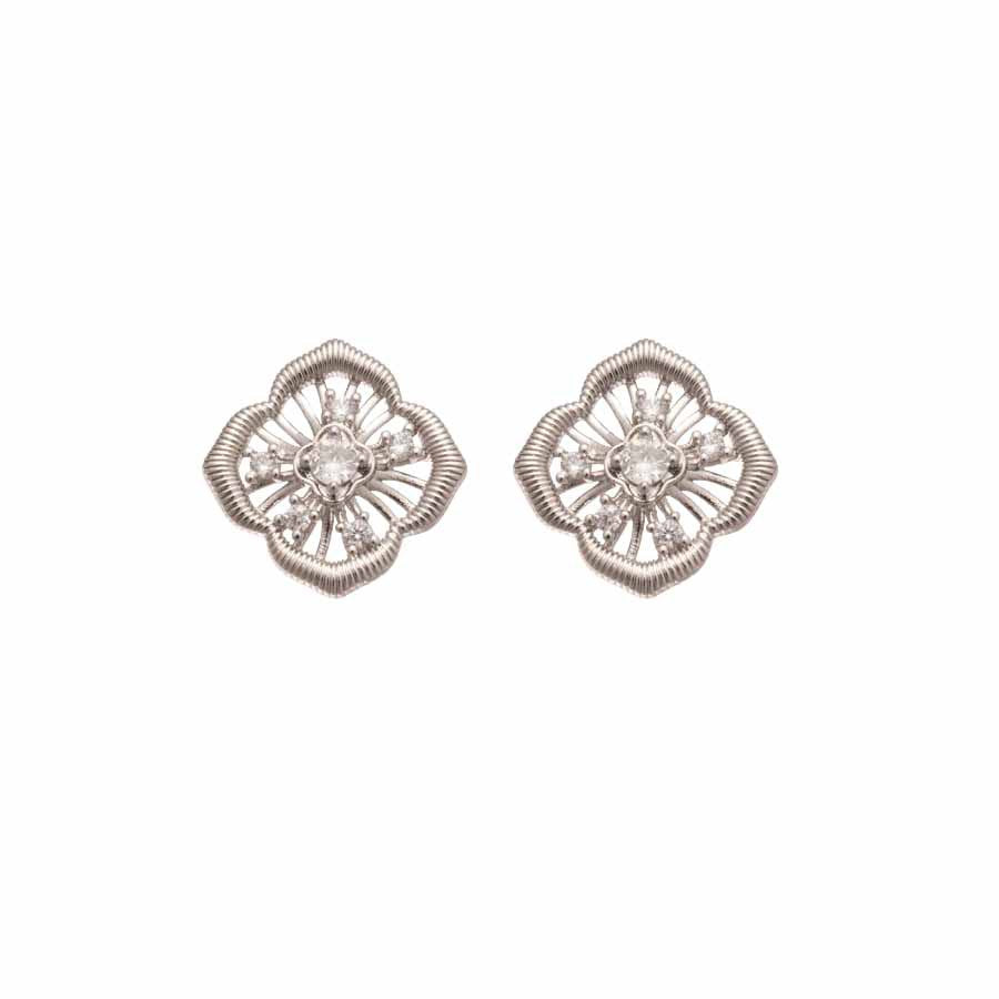 Pendientes florales minimalistas con incrustaciones de circonita en postes de acero inoxidable, elegante diseño de flor hueca adornada con perlas para mujer