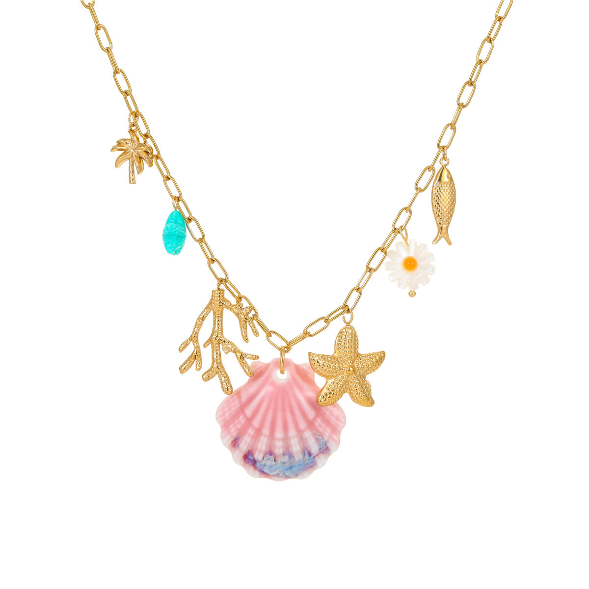 Fashionable Ocean-Inspired Starfish and Scallop Shell Pendant Necklace in Stainless Steel with 18K Gold Plating for Women