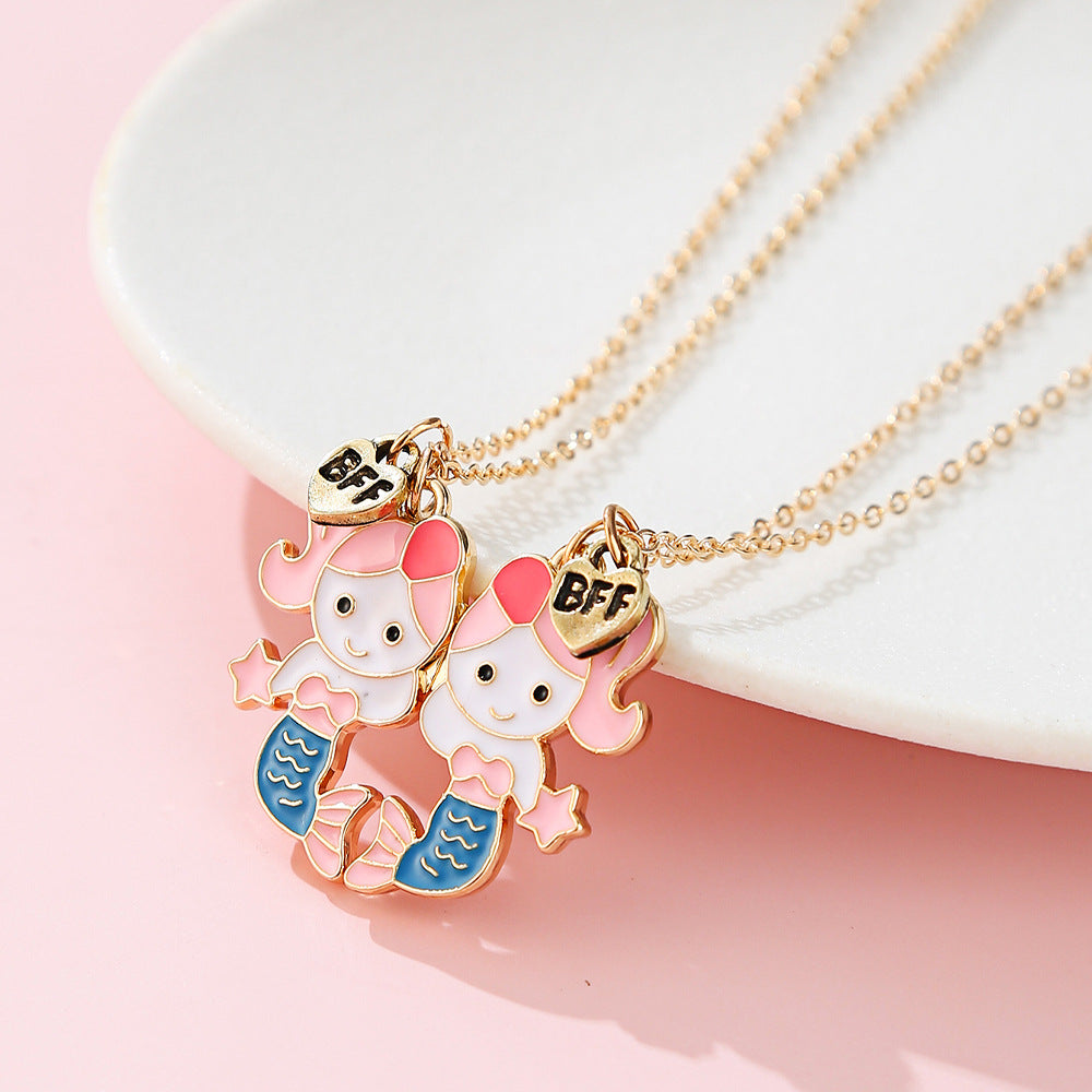 Cartoon Character Pendant Necklace for Kids in Zinc Alloy with Enamel Finish, Lightweight Luxury Style Cross Chain for Girls Aged 3-10+