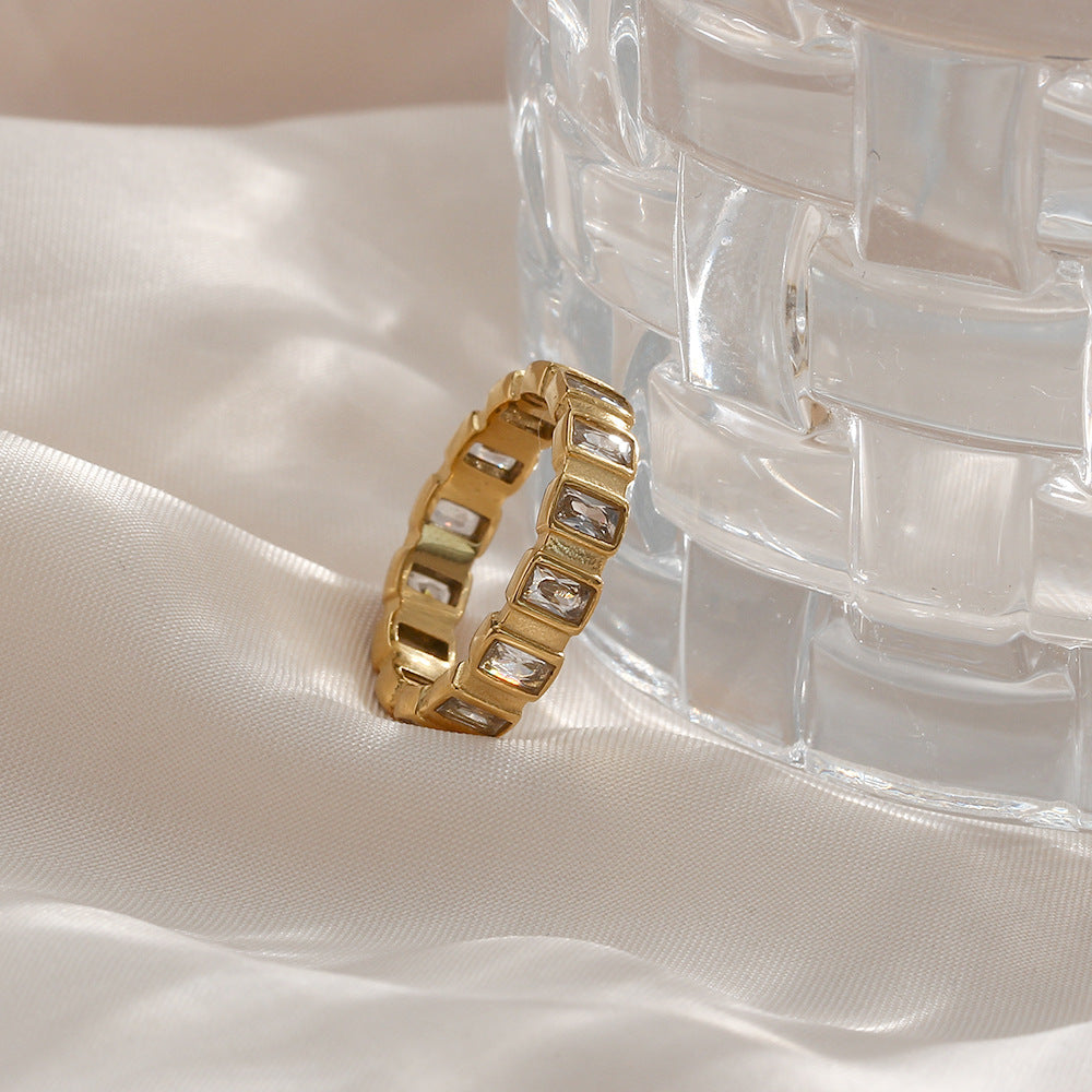 Anillo dorado para mujer de acero inoxidable con circonita incrustada, diseño geométrico minimalista, chapado al vacío, resistente al agua, a la moda