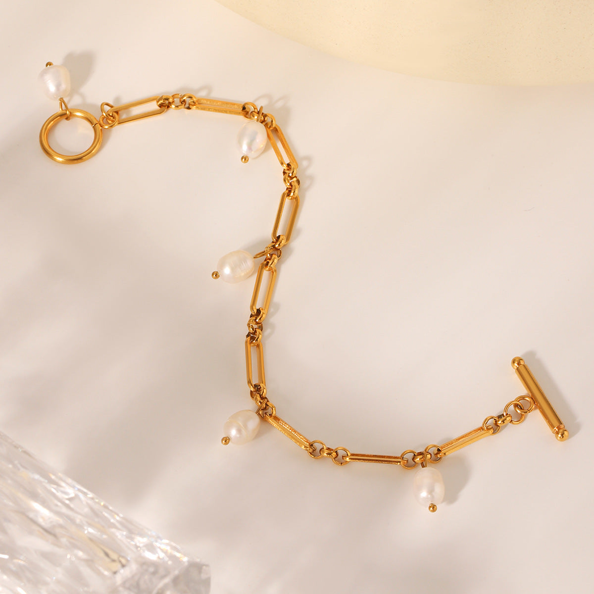 Minimalist Geometric Stainless Steel Bracelet with 18K Gold Plating and Freshwater Pearls for Women