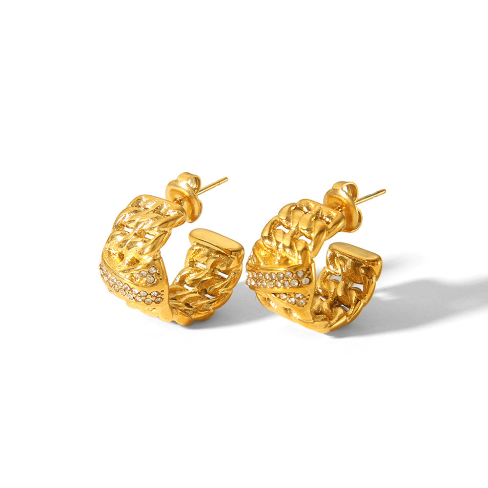 Pendientes de Mujer de Acero Inoxidable Bañados en Oro de 18K con Forma de C, Diseño Geométrico, Cadena de Múltiples Capas y Diamantes de Imitación, Estilo Ins