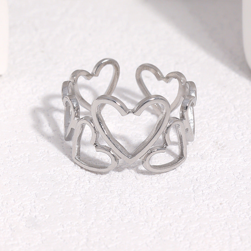 Sweet Minimalist Heart Hollow Plated Stainless Steel Ring for Women