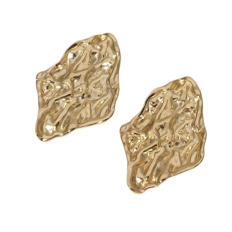 Fashionable French-Style Stainless Steel Stud Earrings with Irregular Pleated Design for Women