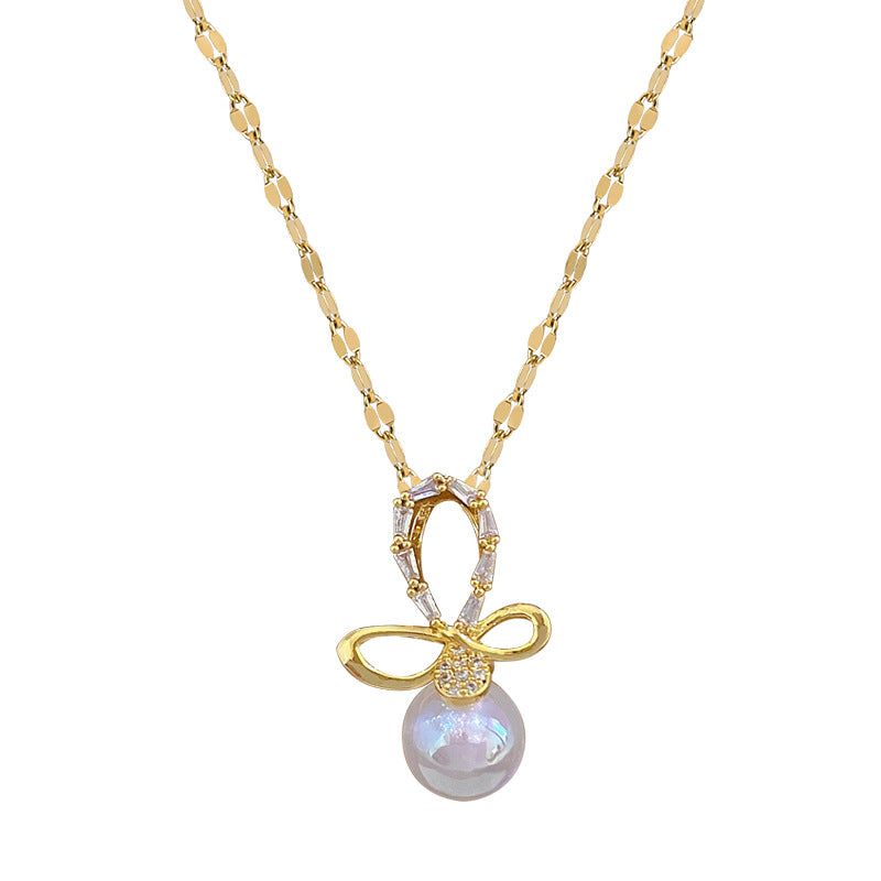Luxury Mermaid-Inspired Butterfly Bow Pendant Necklace for Women Stainless Steel Delicate Collarbone Chain with Rhinestone Inlay