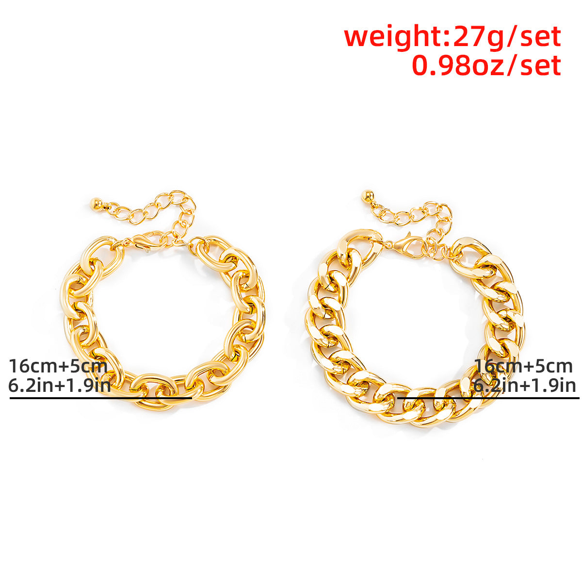 Punk Hip-hop Geometric Double Layer Thick Cuban Link Chain Plated Aluminum Alloy Bracelet Set for Women