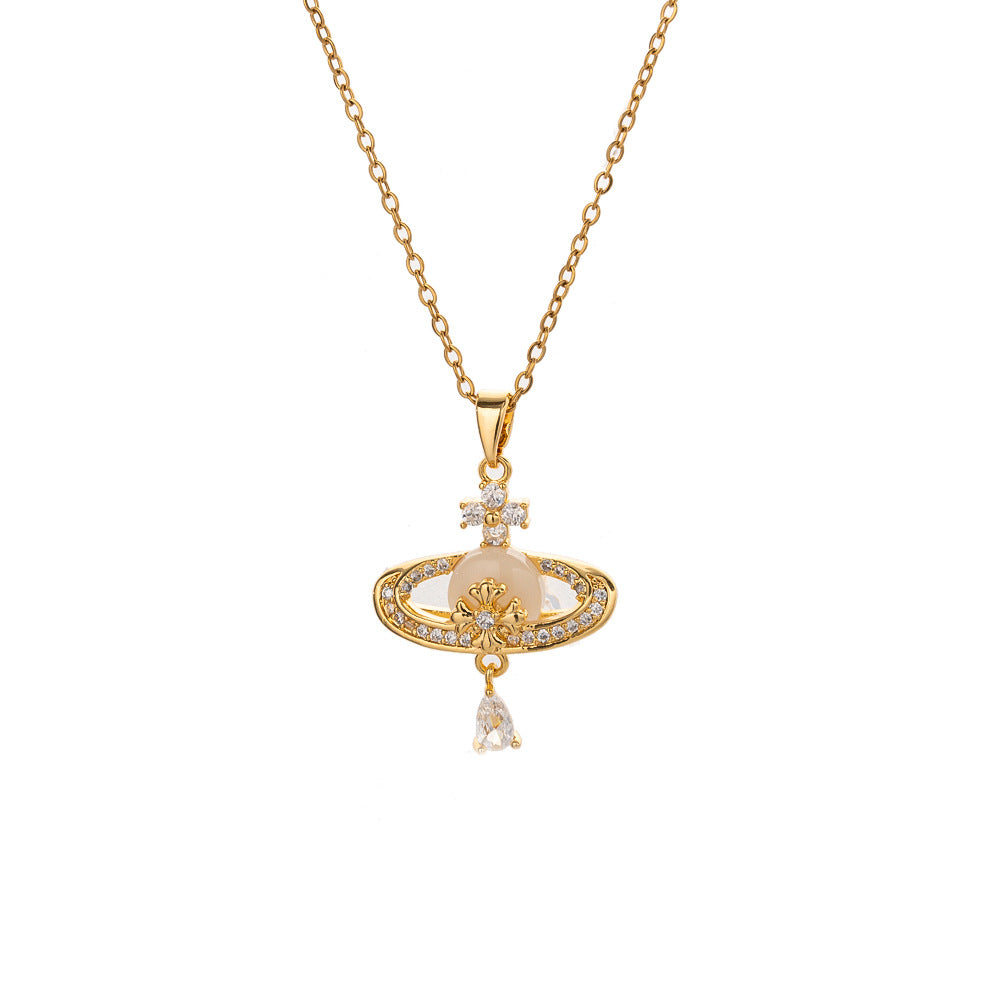 Collar con colgante de lujo con forma de Saturno para mujer, con cobre chapado en oro y circonita, cadena O-Link, accesorio de moda minimalista