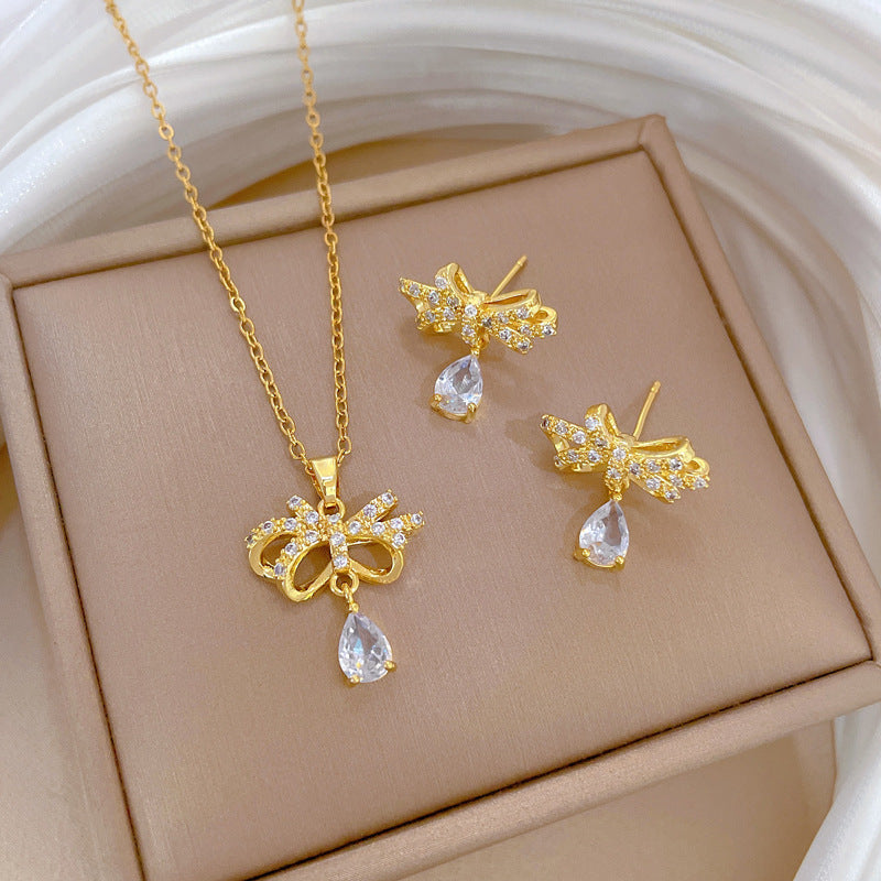 Elegant Butterfly-Shaped Titanium Steel Necklace and Earrings Set with Full Rhinestone Inlay for Women