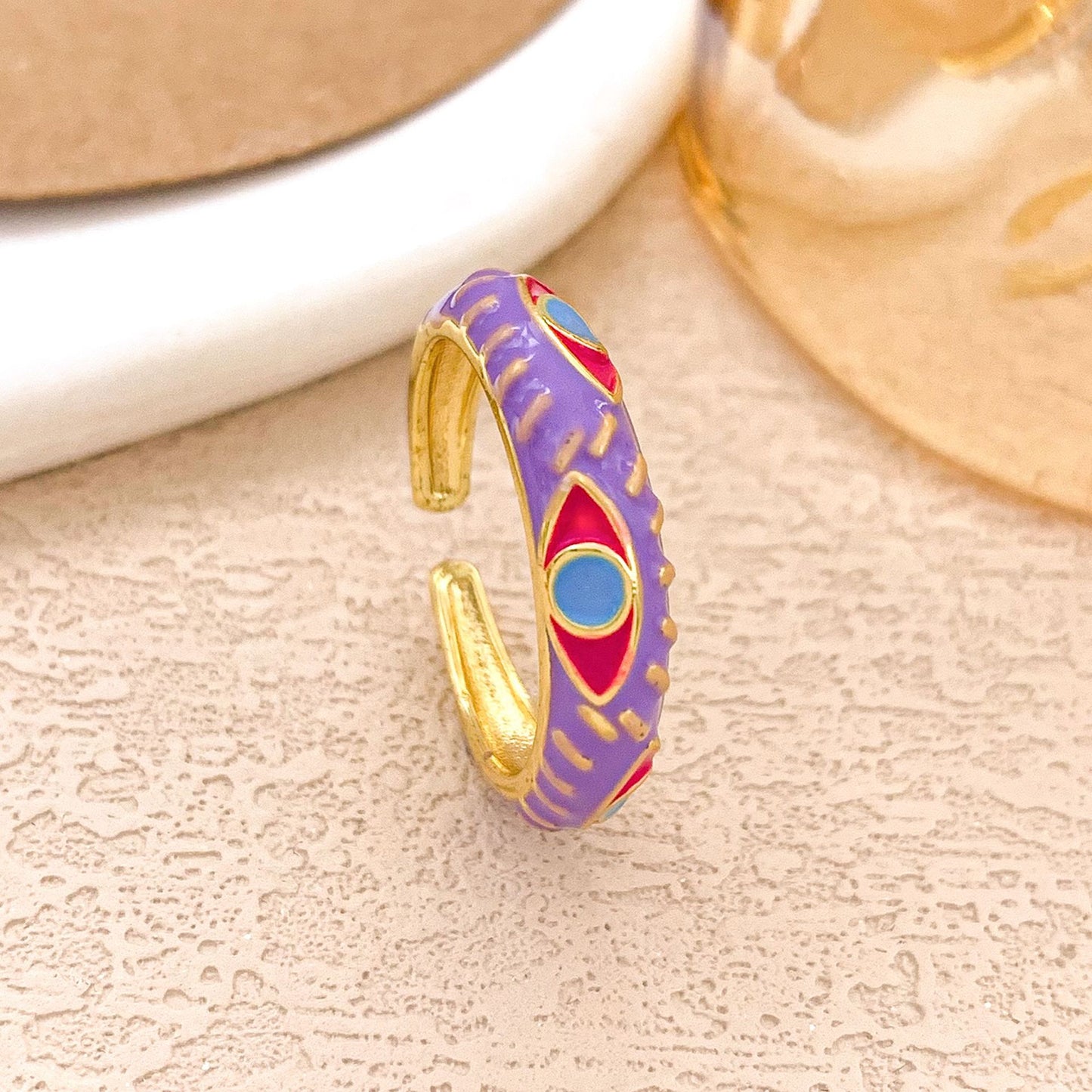 Sweet Alloy Gold Plated Drip Oil Round Oval Ring with Polka Dot Evil Eye Design for Women