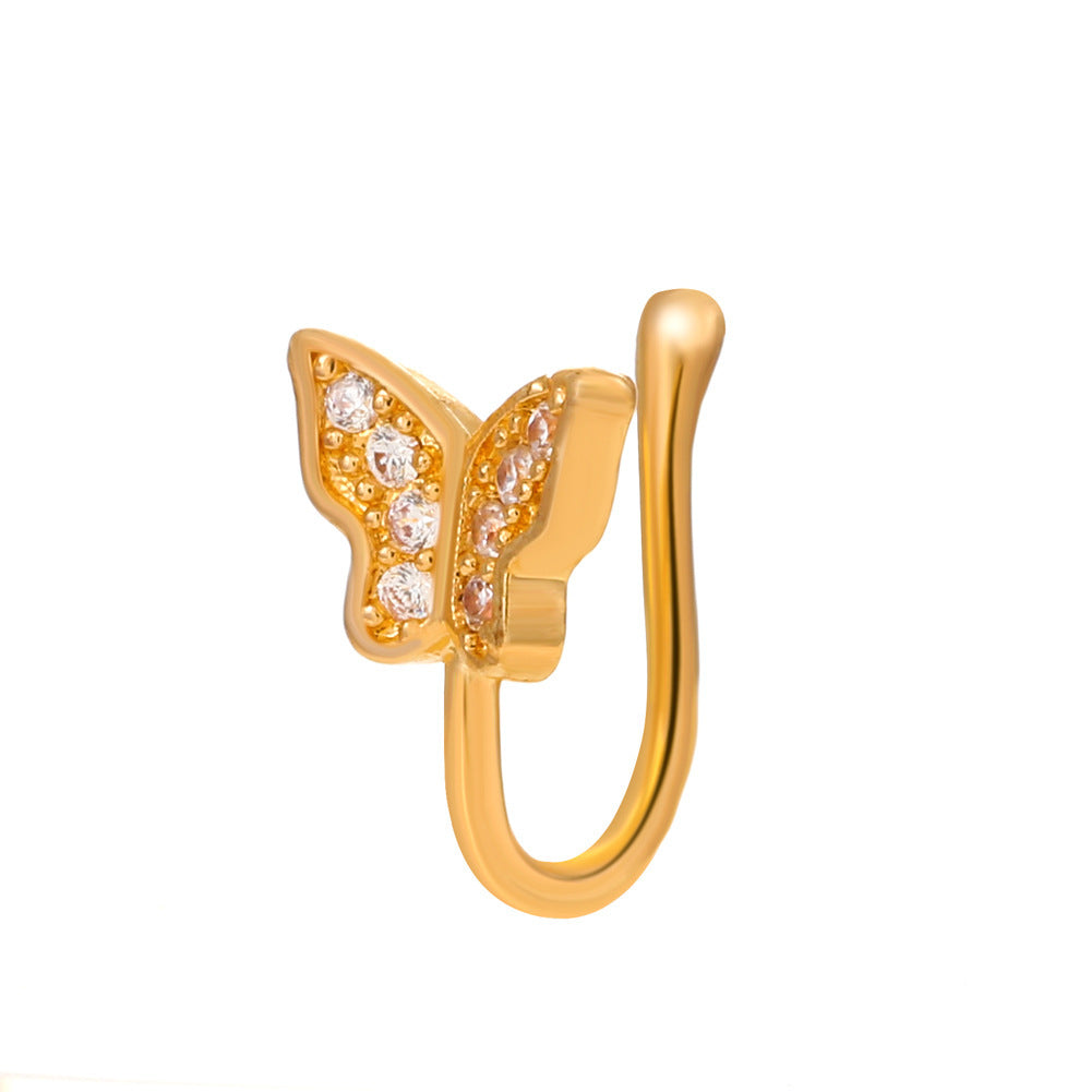 Clip per il naso a forma di U con stella e cuore placcata in rame vintage con zirconia cubica