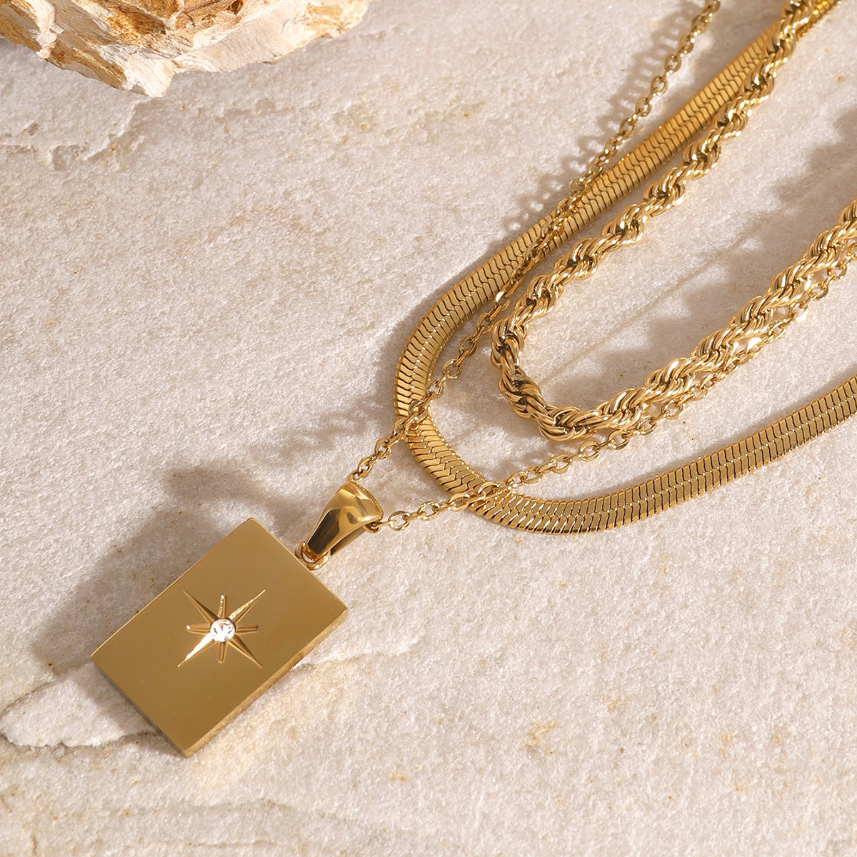 Minimalist Geometric Square Star Pendant Necklace in Stainless Steel with Plated Finish for Women