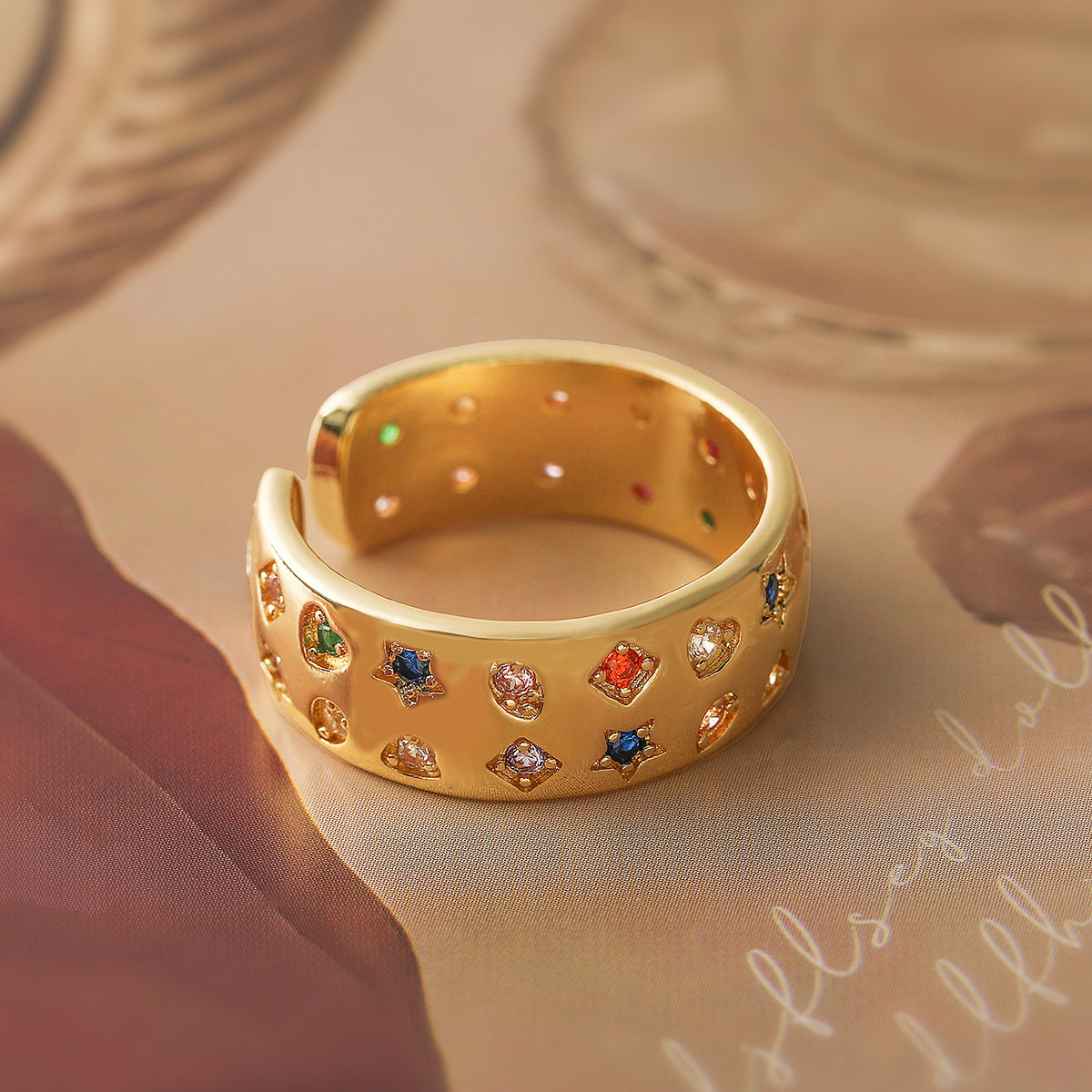 Anello Aperto Geometrico da Donna con Zirconia Micro-Incastonata su Base in Rame, Accessorio Vintage alla Moda