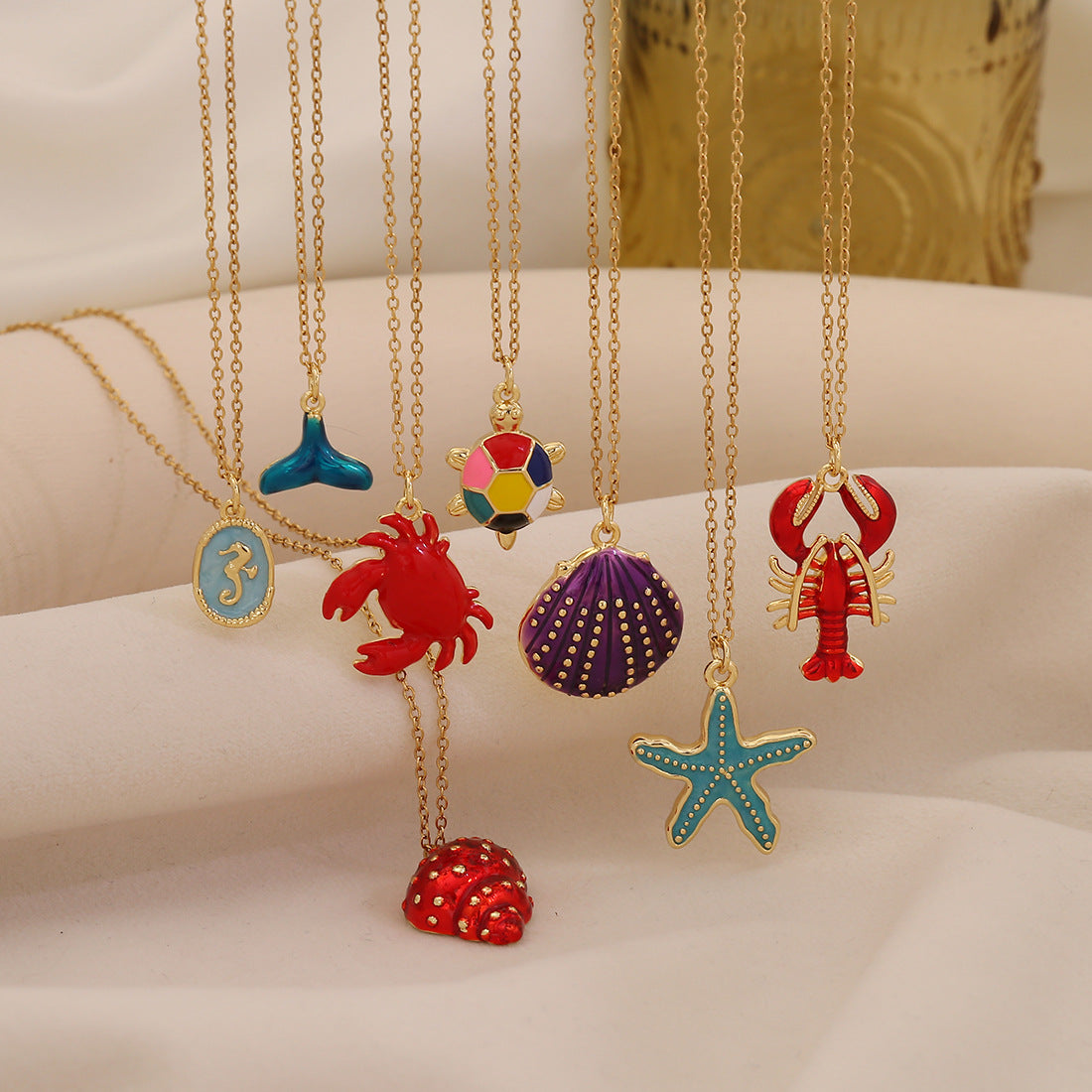 Creative Enamel Seashell Starfish Pendant Necklace in Stainless Steel for Beach Vacation