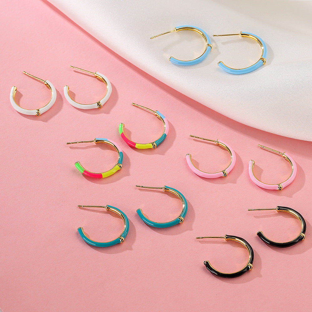 Minimalist Geometric C-Shaped Earrings for Women in Copper with Micro-Pave Finish