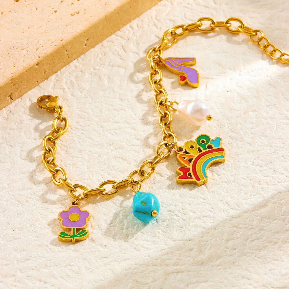 Cartoon Drip Oil Turquoise Floral Stainless Steel Jewelry Set with Cable Chain for Women