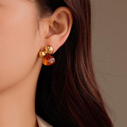 Vintage Bow-Shaped Stainless Steel Earrings with Resin Inlay and 18K Gold Vacuum Plating