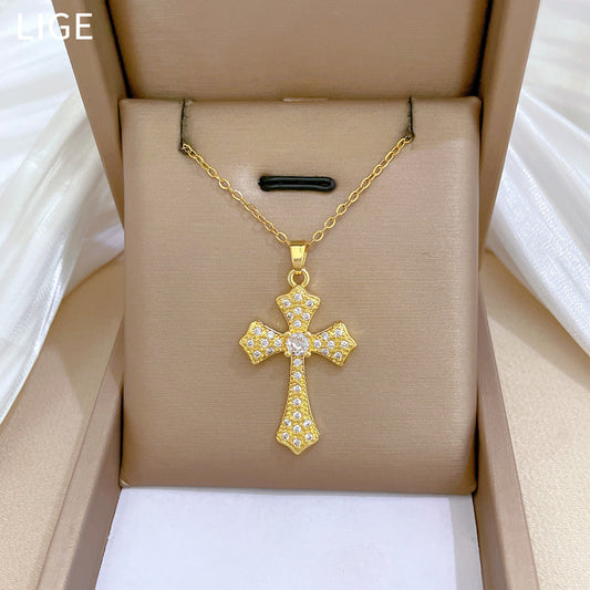 Collar con colgante de cruz de acero inoxidable de lujo con incrustaciones de diamantes de imitación para mujer, forma geométrica, estilo minimalista, cadena de medallón de longitud ajustable