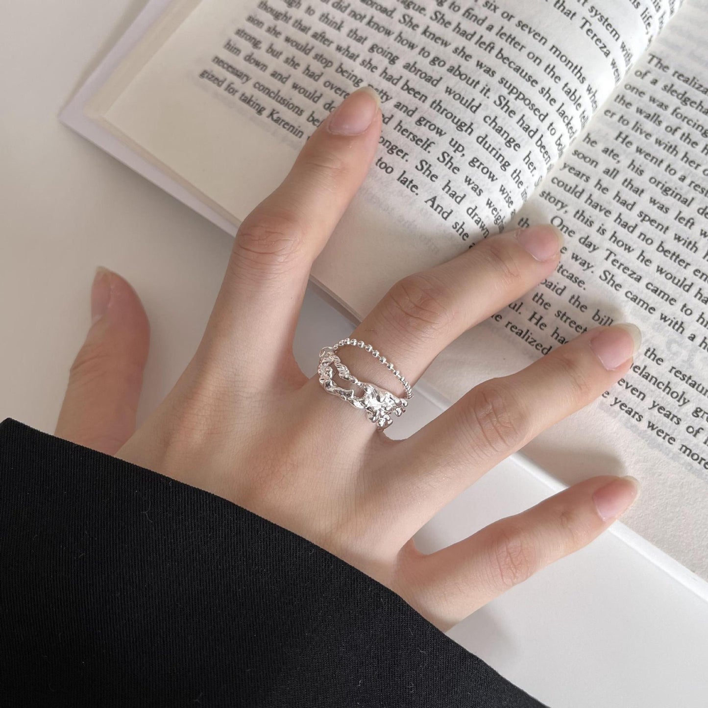 Minimalist Irregular Beaded Silver Ring for Women with Heart Shape Design in 925 Sterling Silver