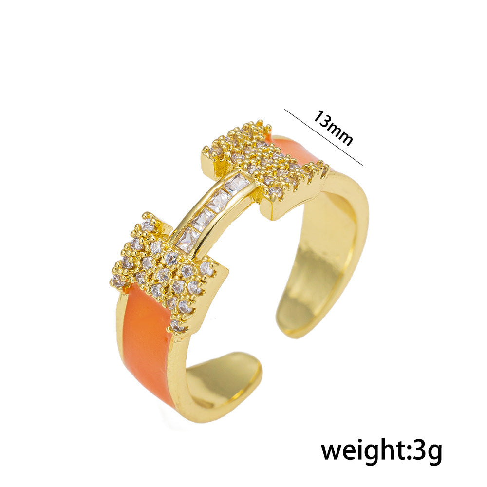 Luxury Minimalist H-Shaped Geometric Titanium Steel Adjustable Ring Set with Micro-Paved Zirconia for Women