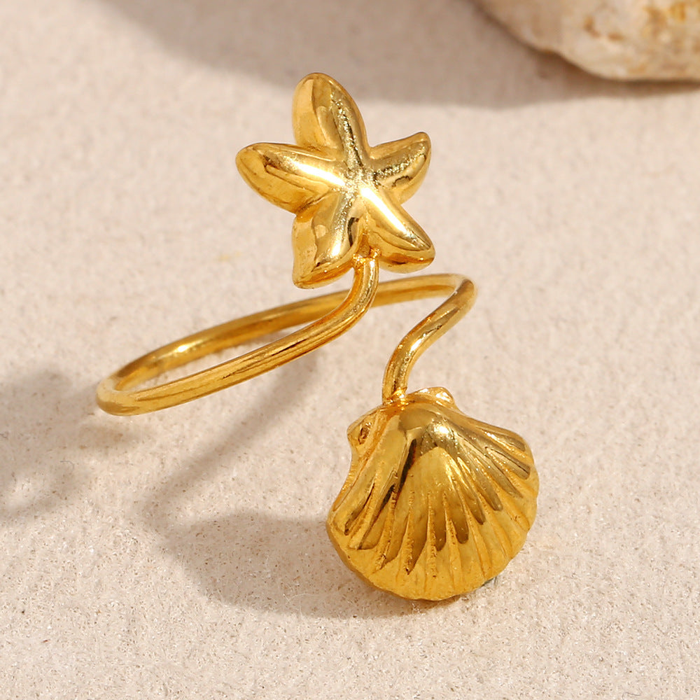 Anello da donna alla moda a forma di stella in acciaio inossidabile con placcatura in oro 18 carati e inserto in conchiglia