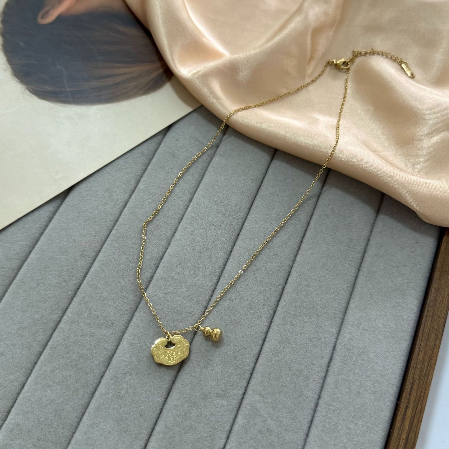 Gold Plated Titanium Steel Gourd Lock Necklace Unisex