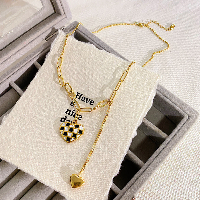 Checkered Heart Gold Plated Titanium Steel Necklace with Tassel for Unisex