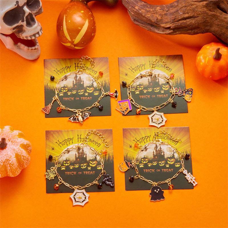Pulsera con colgante de calabaza, murciélago y fantasma con temática de Halloween para mujer, diseño geométrico de aleación, regalo festivo