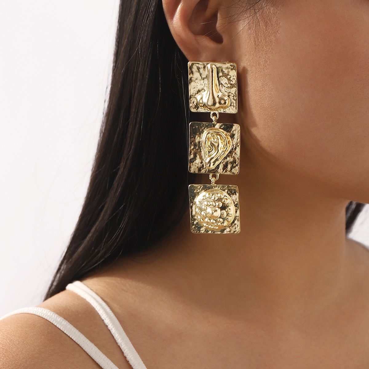 Minimalist Geometric Alloy Earrings with Facial Feature Engraving, Plated Finish for Women