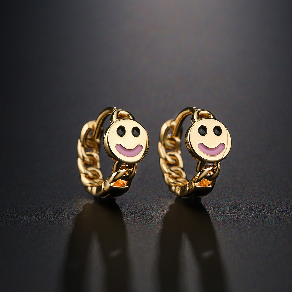 Geometric Style Smiley Face Earrings for Women with Copper Base Plated in 18K Gold and Rhinestone Inlay