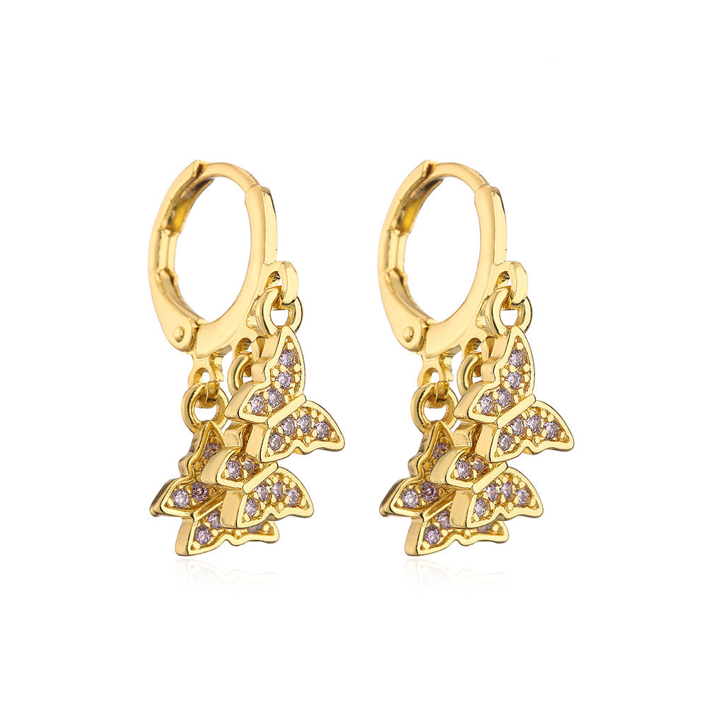 Minimalist Butterfly-Shaped Copper Earrings with 18K Gold Plating and Micro-Paved Zirconia for Women