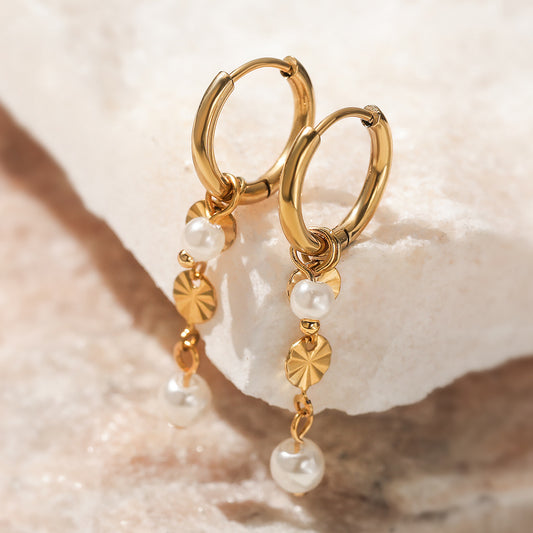 Elegant Minimalist 18K Gold Plated Geometric Stainless Steel Pearl Tassel Earrings for Women