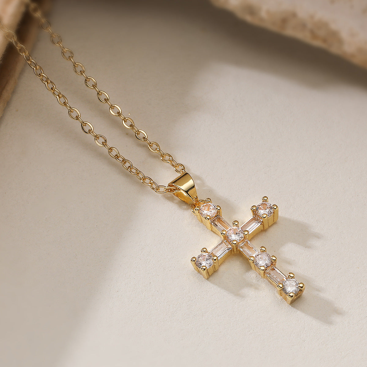 Minimalist Elegant 18K Gold Plated Brass Cubic Zirconia Cross Pendant Necklace for Women