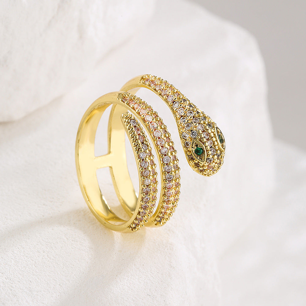 Fashionable Snake-Shaped Geometric Ring for Women Made of Brass with Real Gold Plating and Micro-Pavé Zirconia