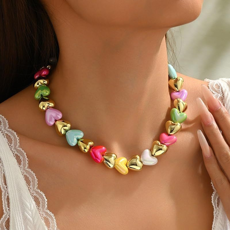 Bohemian Casual Colorful Resin Heart Geometric Acrylic Pendant Necklace for Women