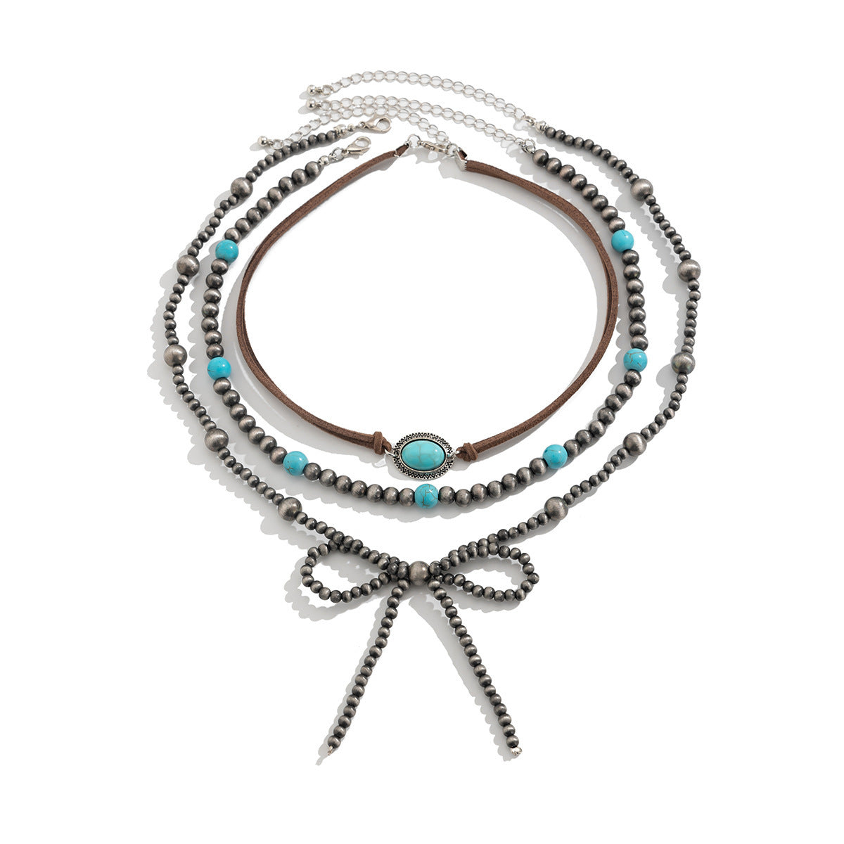 Bohemian Vintage Bowknot Beaded Necklace with Faux Turquoise Alloy Plated Multi-layer Chain for Women