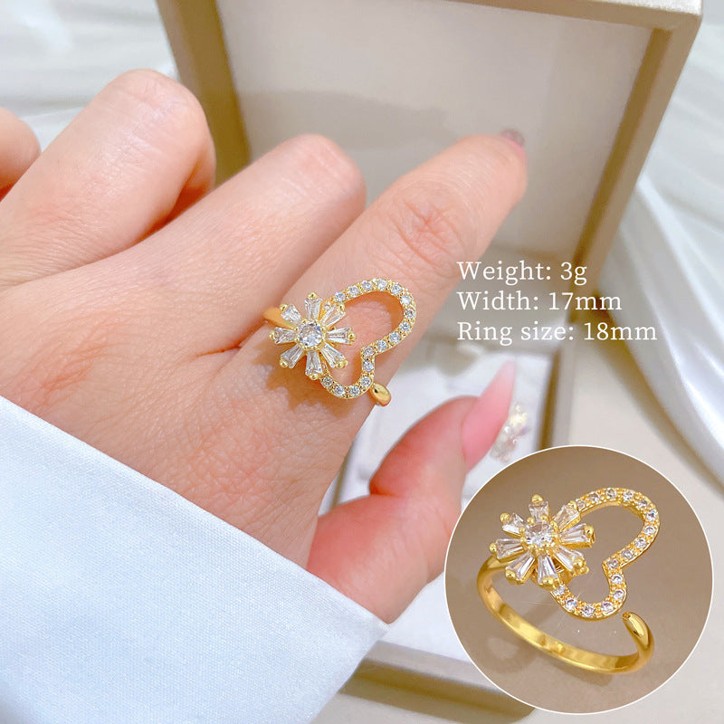 Sweet Gold Plated Brass Rotating Flower Crown Cubic Zirconia Adjustable Ring for Women and Couples