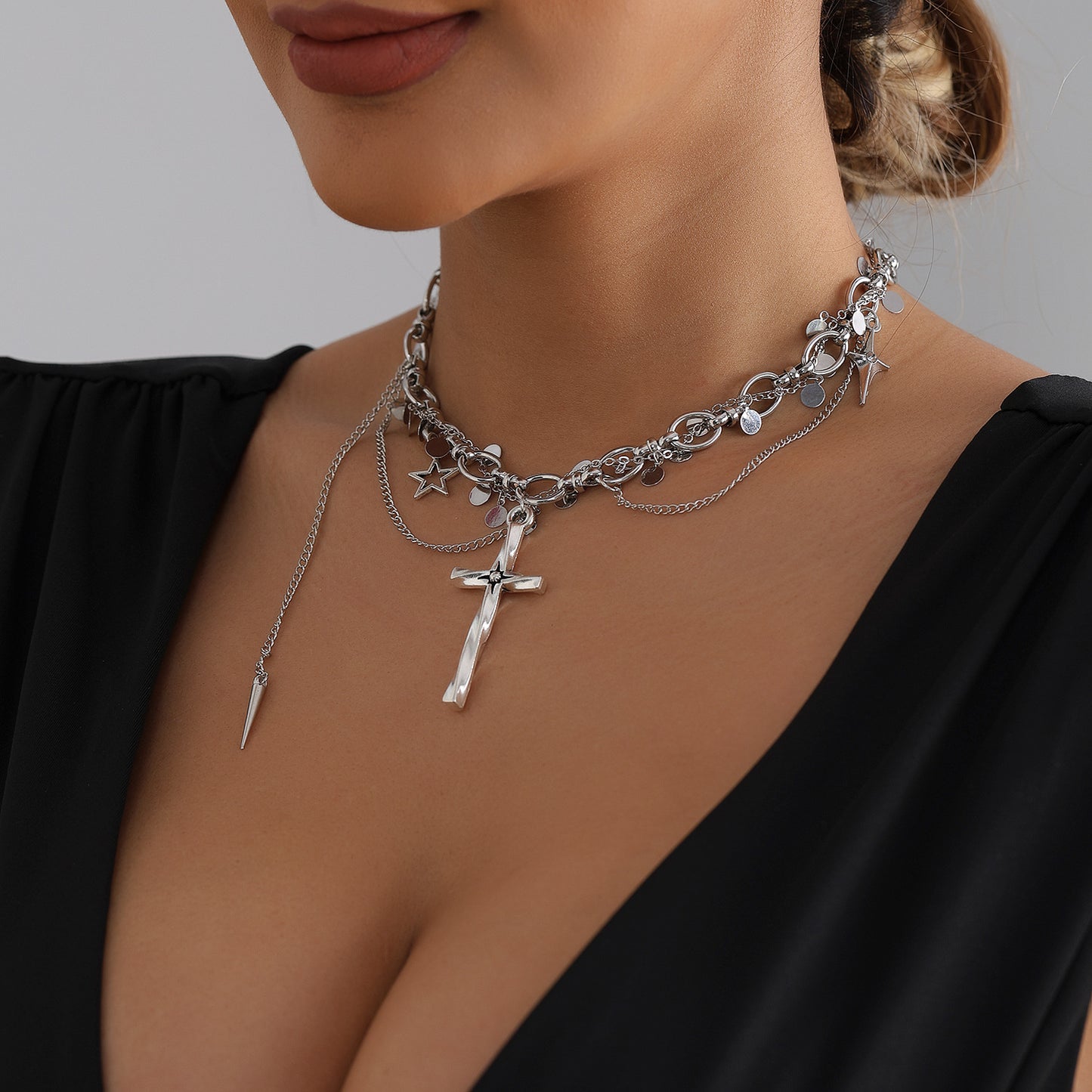 Luxury Elegant Geometric Cross Alloy Plated Pendant Necklace with Tassel for Women