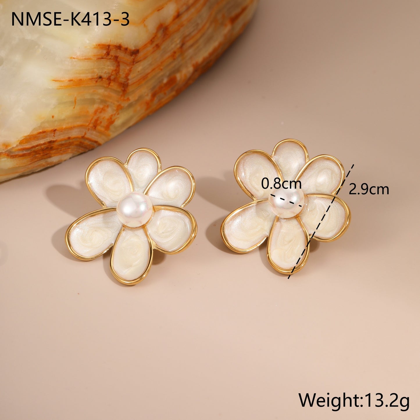 Vintage Floral Stainless Steel Earrings with Enamel Coloring and Pearl Inlay for Women