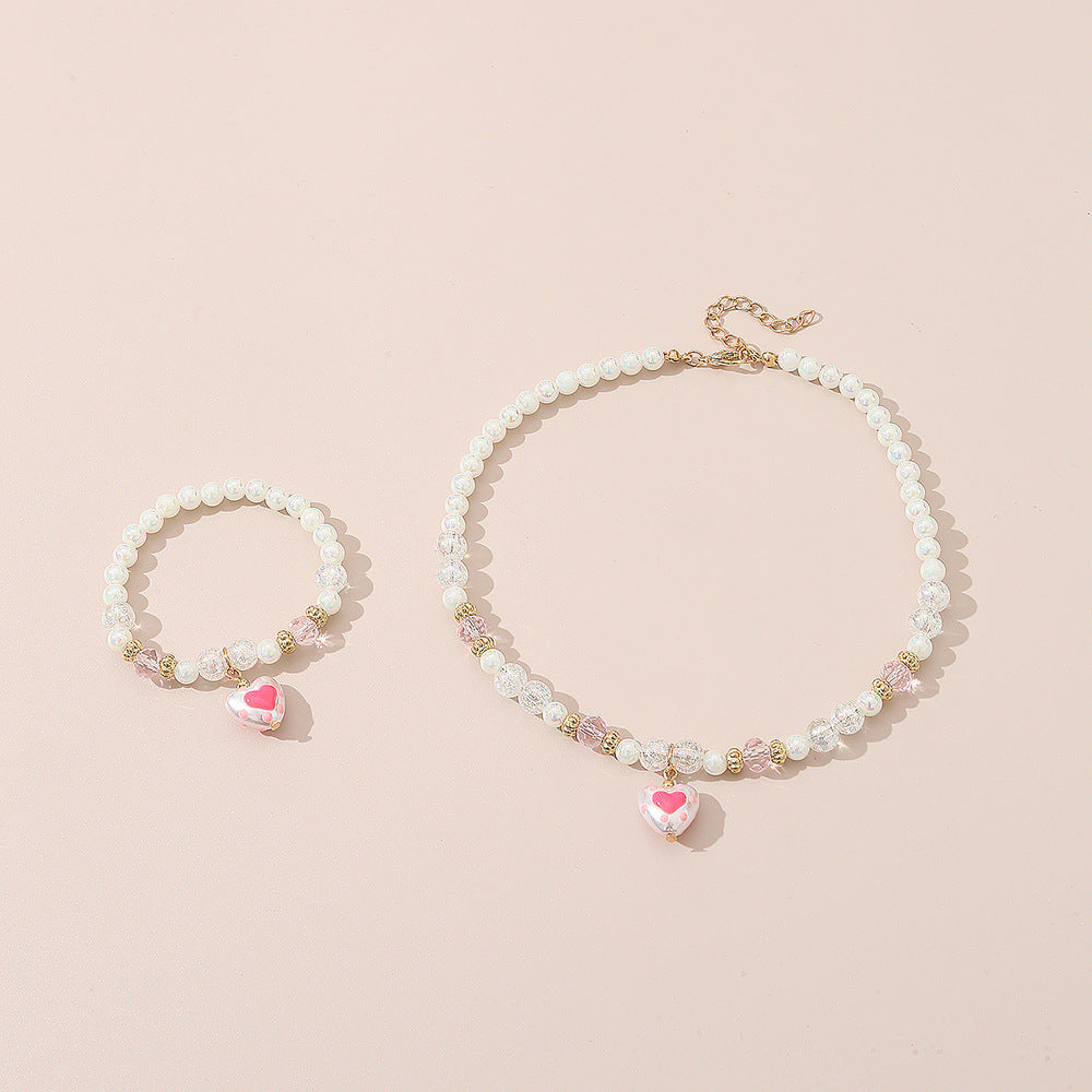 Cute Heart-Shaped Resin and Alloy Pendant Necklace for Girls, Minimalist Pearl-Inspired Fashion Necklace Set with Round Bead Chain