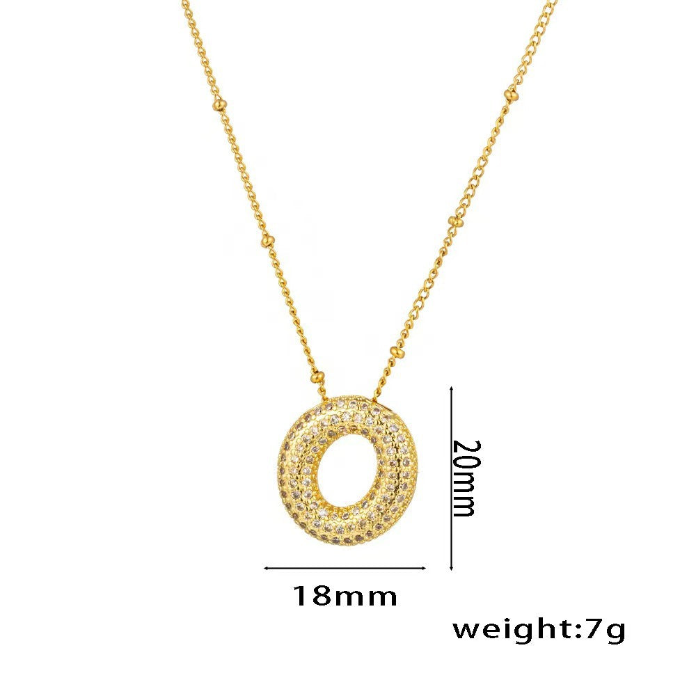Collana con ciondolo a lettera in zirconi micro-pavé placcato oro 18 carati, catena di perline in acciaio inossidabile/acciaio al titanio, gioielli unisex alla moda per pendolari