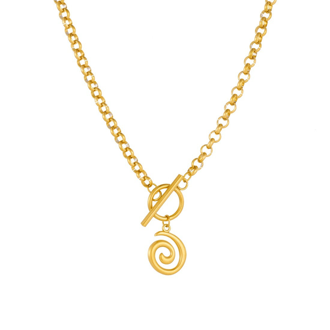 Punk Hip-hop Vintage Gold Plated Stainless Steel Geometric Spiral Ring Pendant Necklace with OT Clasp and Cable Chain