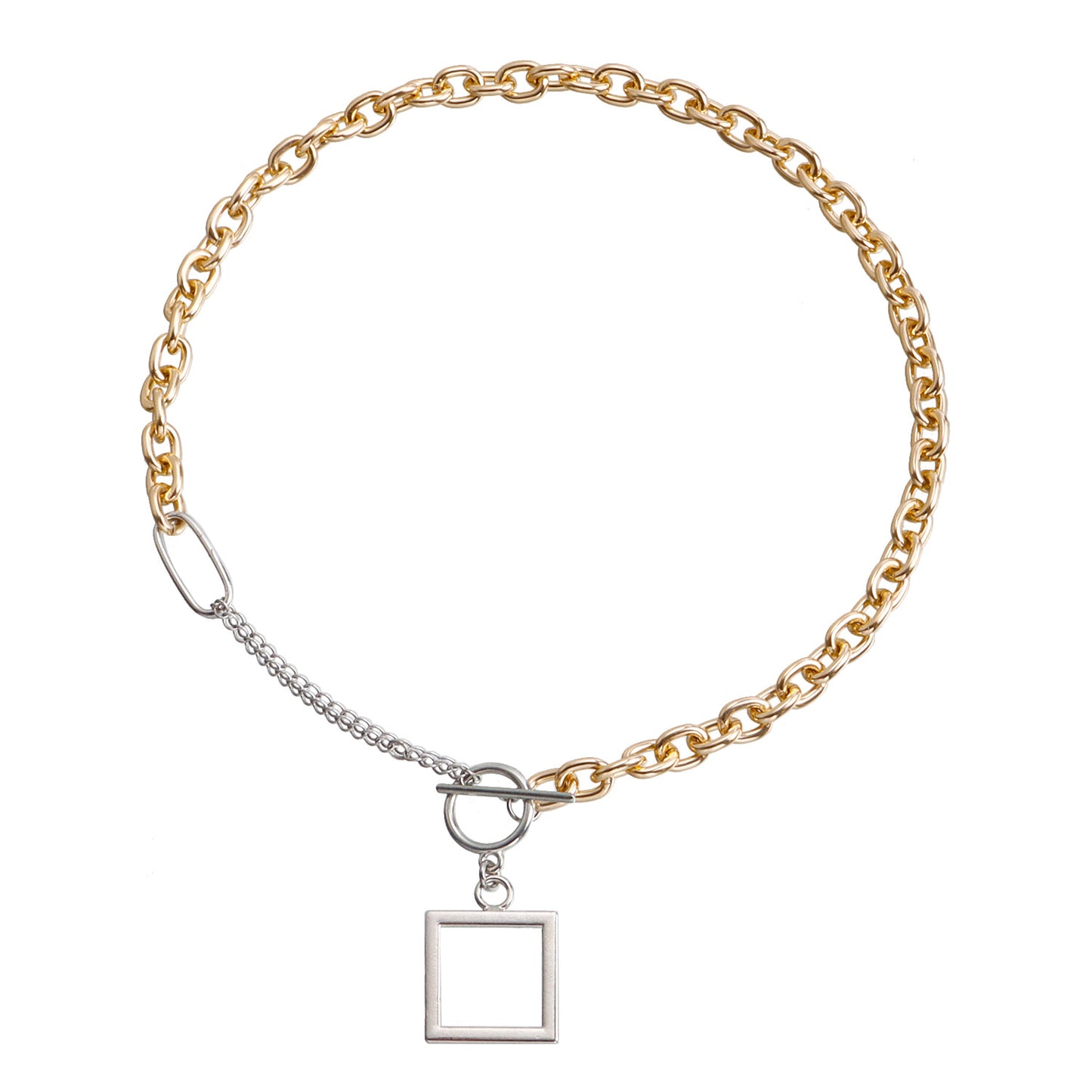 Geometric Square Pendant Necklace for Women Alloy Chain with Hollow Design and Electroplated Finish