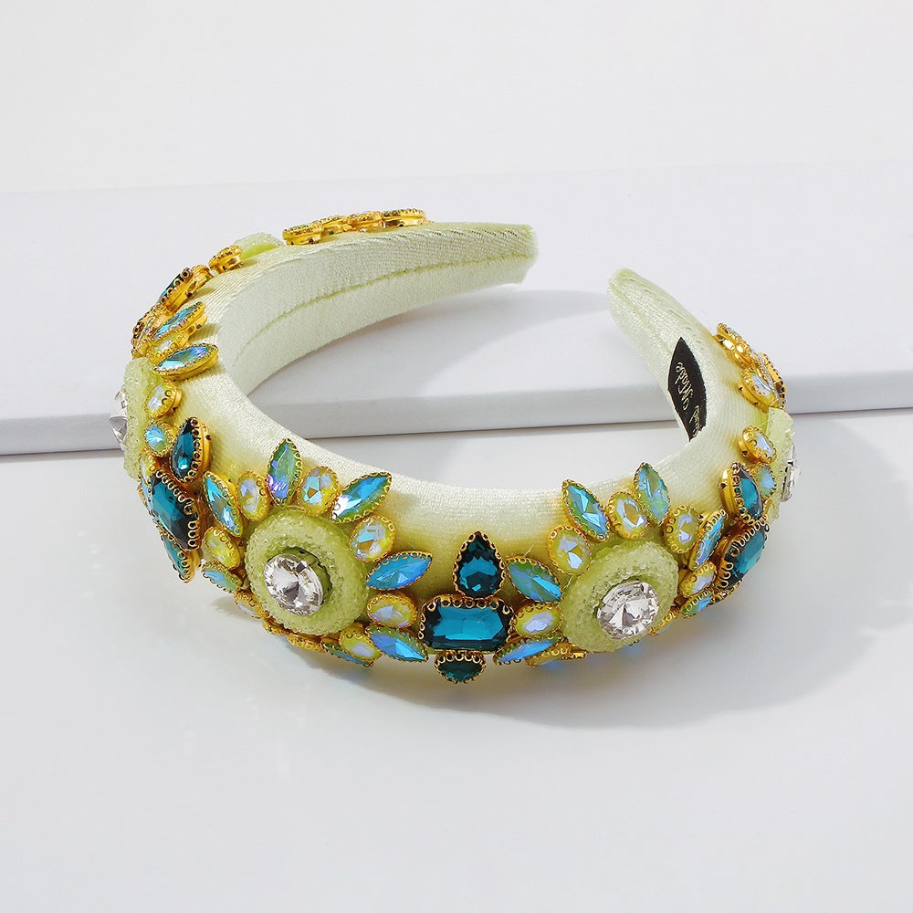 Cerchietto largo da donna in stile barocco, impreziosito da strass con design geometrico e circolare