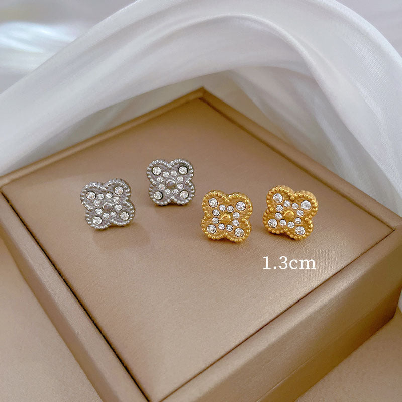 Minimalist Lucky Clover Stud Earrings in Titanium Steel with Rhinestone Inlay for Women