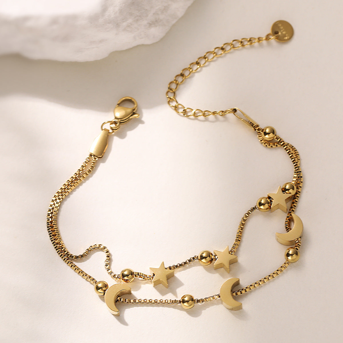 Minimalist 18K Gold Plated Star Moon Geometric Stainless Steel Double Layer Bracelet for Women