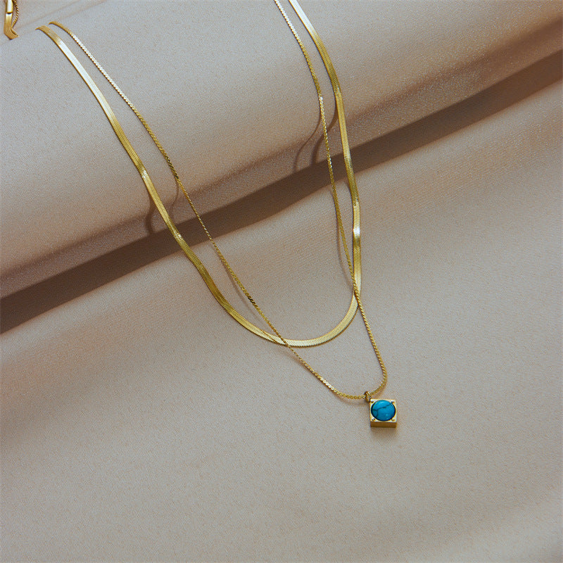 Vintage Fashionable Two-Tier Titanium Steel Necklace with Turquoise Square Pendant and Plated Finish