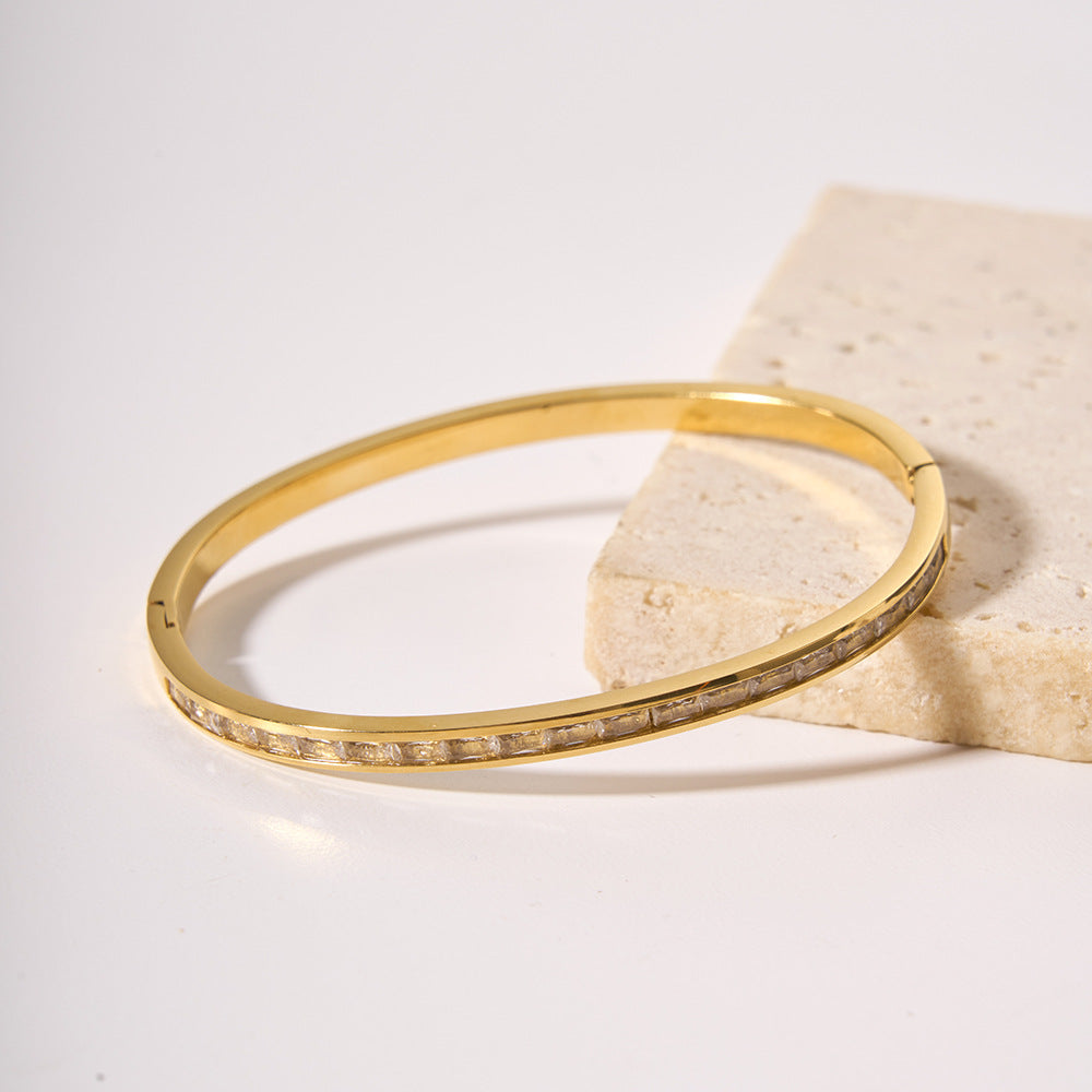 Vintage Ins Style 18K Gold Plated Geometric Ring Stainless Steel Rhinestone Bracelet for Women